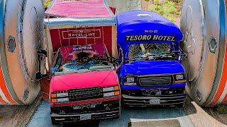 Cars, Bus Chained Bollards Crush #beamngdrive #bus screenshot 5
