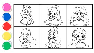 How to draw Disney Princess chibi  Snow White, Cinderella, Aurora, Ariel, Belle for Kids & Toddlers