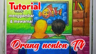 Cara mudah menggambar orang nonton TV. || Easy way to draw people watching TV.  || level 1 SD