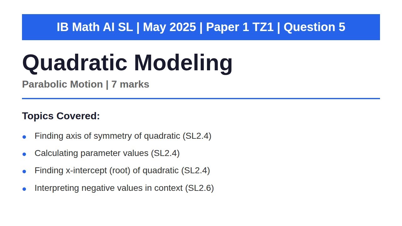 Quadratic Modeling | IB Math AI SL | May 2025 Paper 1 TZ1 Q5 - YouTube