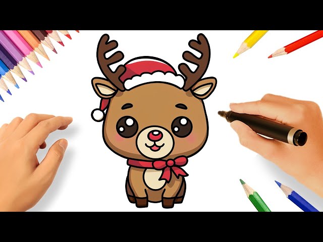 Desenho de rena fofo com flor de natal kawaii animal