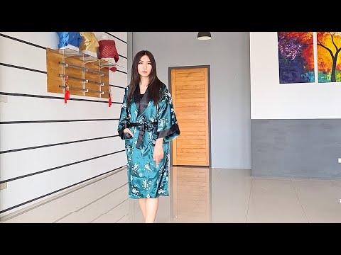 Damen Satin Wende-Kimono Morgenmantel Grün