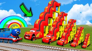 Big & Small Long Stairs Lightning Mcqueen vs Rails and Train  Cars vs Rails and Train  BeamNG