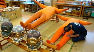 The process of making a diving suit. An old diving suit factory in Japan.