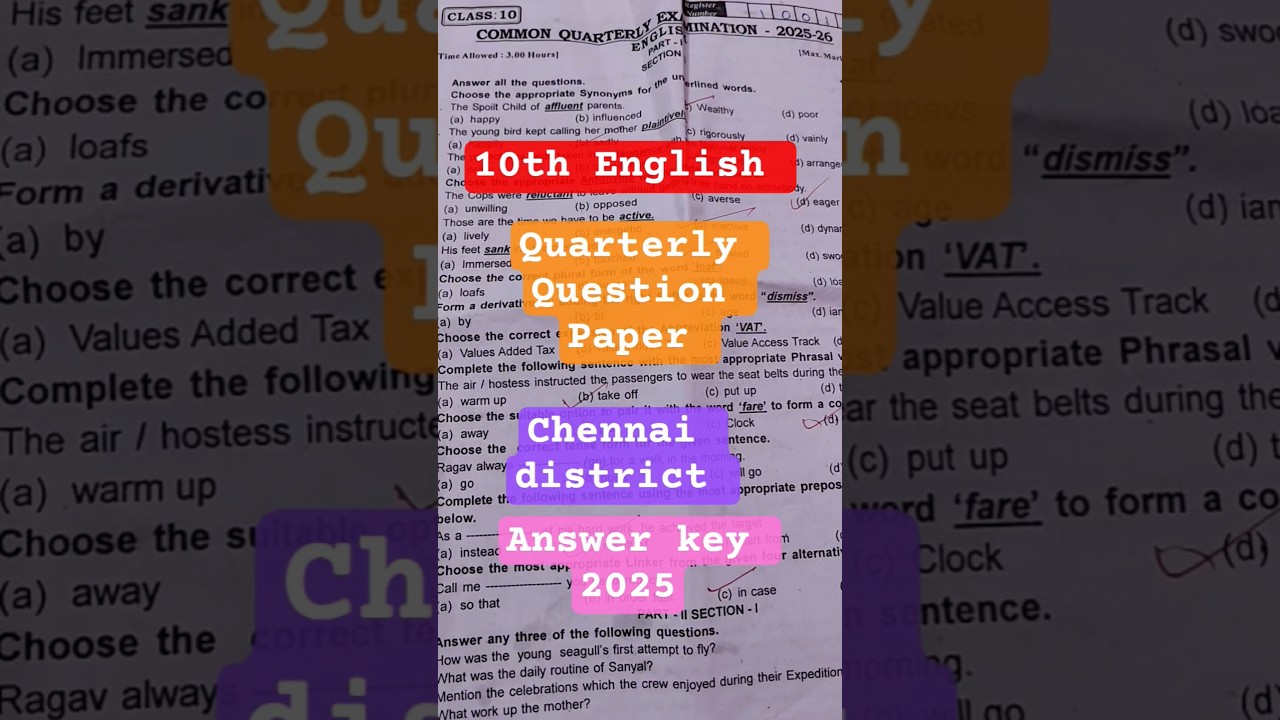 10th English quarterly question paper Chennai district 2025 answers key