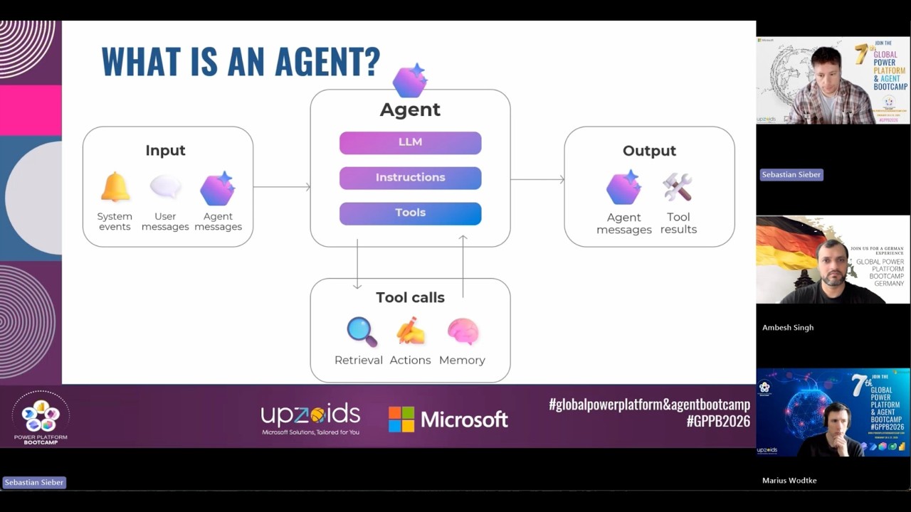 Microsoft Copilot Studio tutorial showing AI agent building interface
