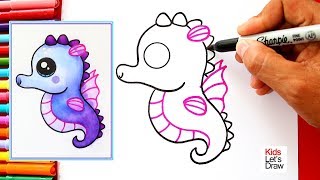 Cómo dibujar y pintar un CABALLITO DE MAR Kawaii | How to Draw a Cute Seahorse
