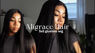 Beautiful 5x5 GLUELESS WIG install SUPER NATURAL!! ft Aligrace wig