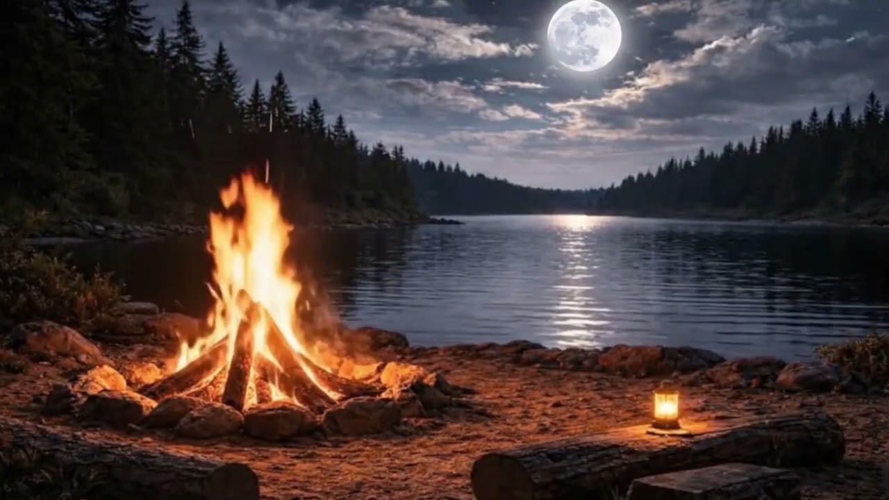 Moonlit Lake 🌕🔥 Pine Trees & Campfire | Moving Clouds | 10 Hours of Night Ambience