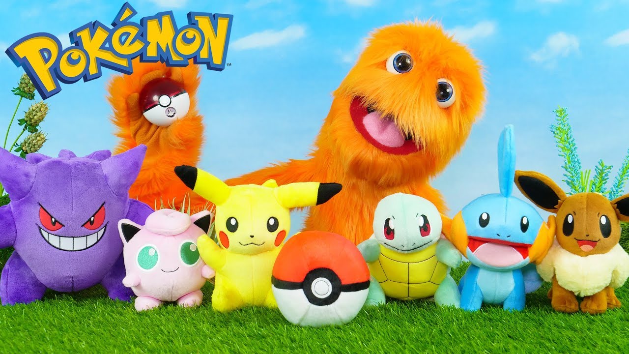 fuzzy puppet plays pokemon go new pokemon toys battle huge unboxing