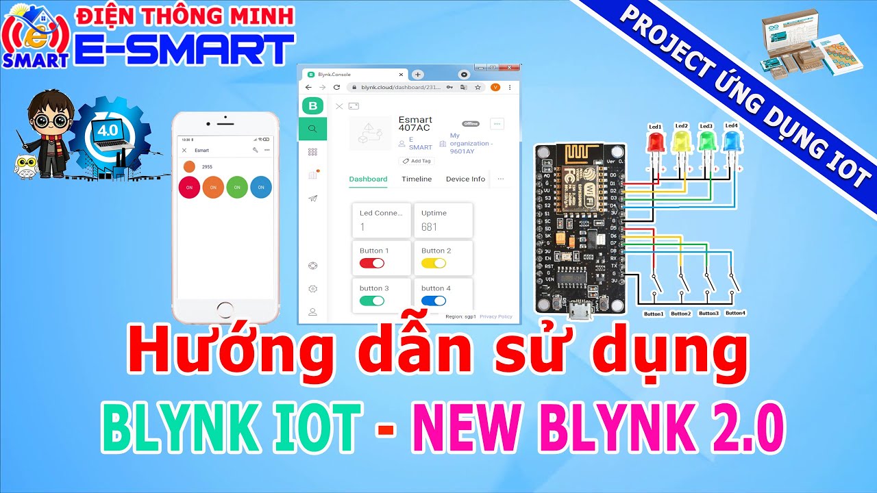 Hướng dẫn sử dụng blynk iot - new blynk 2.0 - node mcu esp8266 - điều khiển thiết bị qua internet