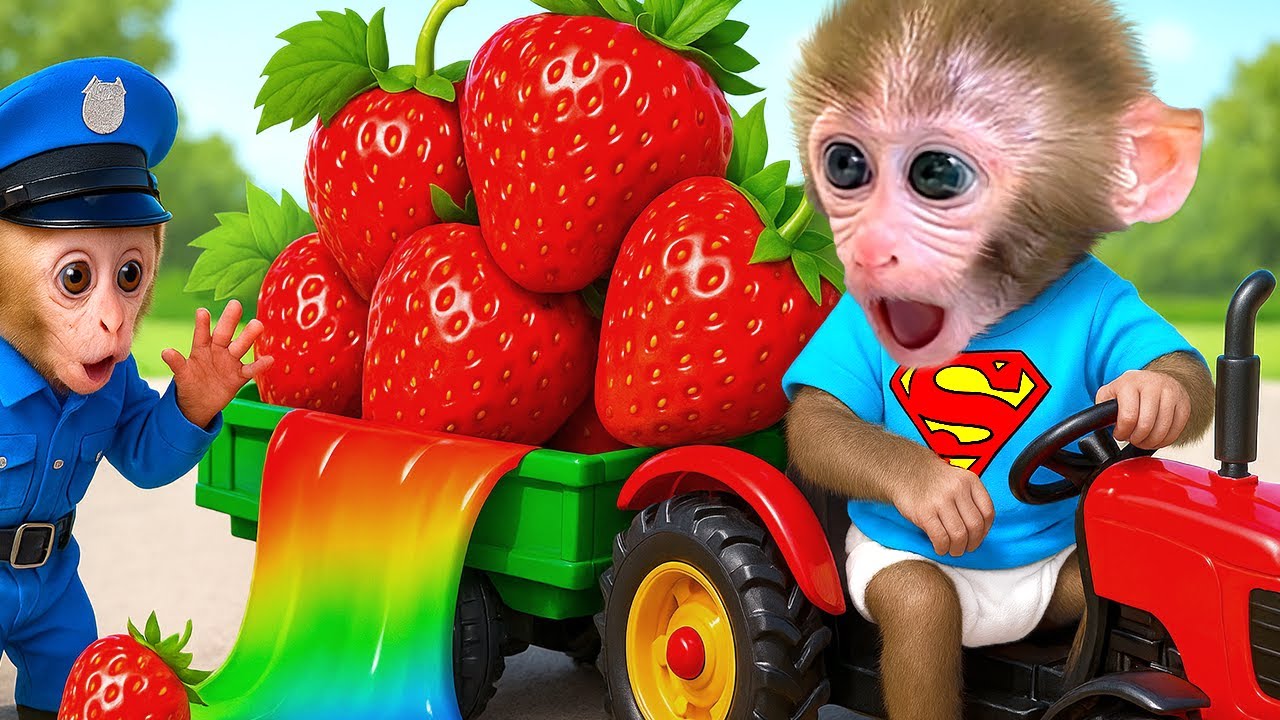 El mono Bon Bon conduce un coche con fresas arcoíris de colores y huye de los monos bebé policía