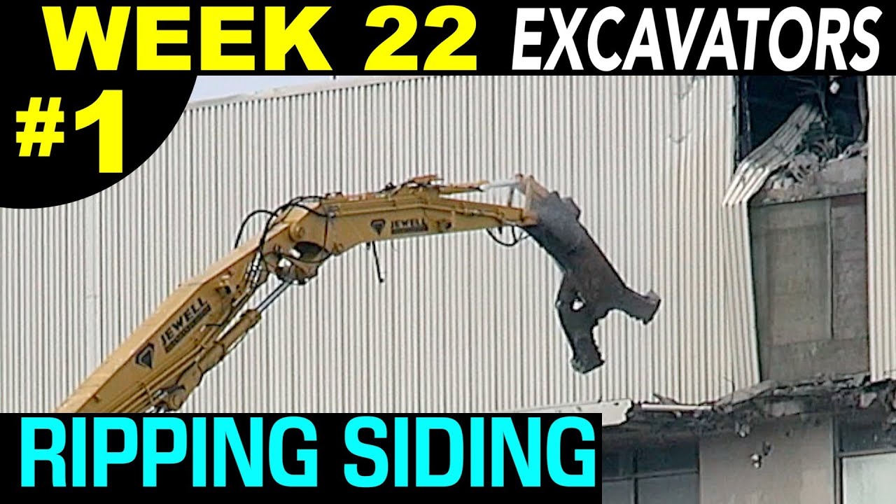 High reach demolition excavators at work peeling metal siding at 6X, 1 hr in 10 min (Week 22 set 1)