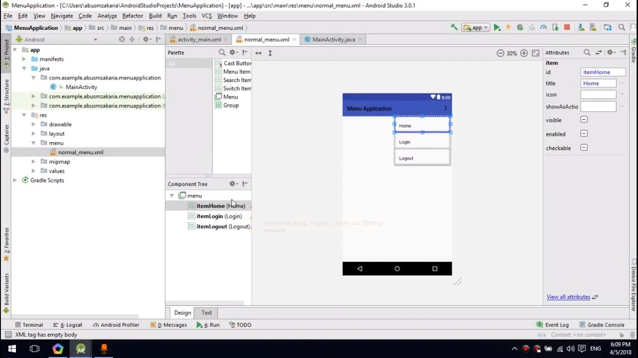 How to show menu on toolbar in Android Studio - YouTube