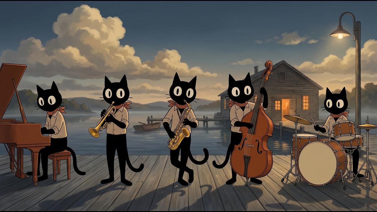 Nowhere Else to Be. Black Cats Calm Vintage Noir Jazz out on the Boardwalk