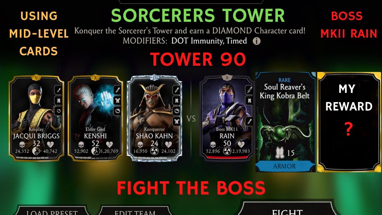 MK Mobile Sorcerers Tower Gameplay - Fight the Boss MK11 Rain using Gold Characters- TOWER 90.