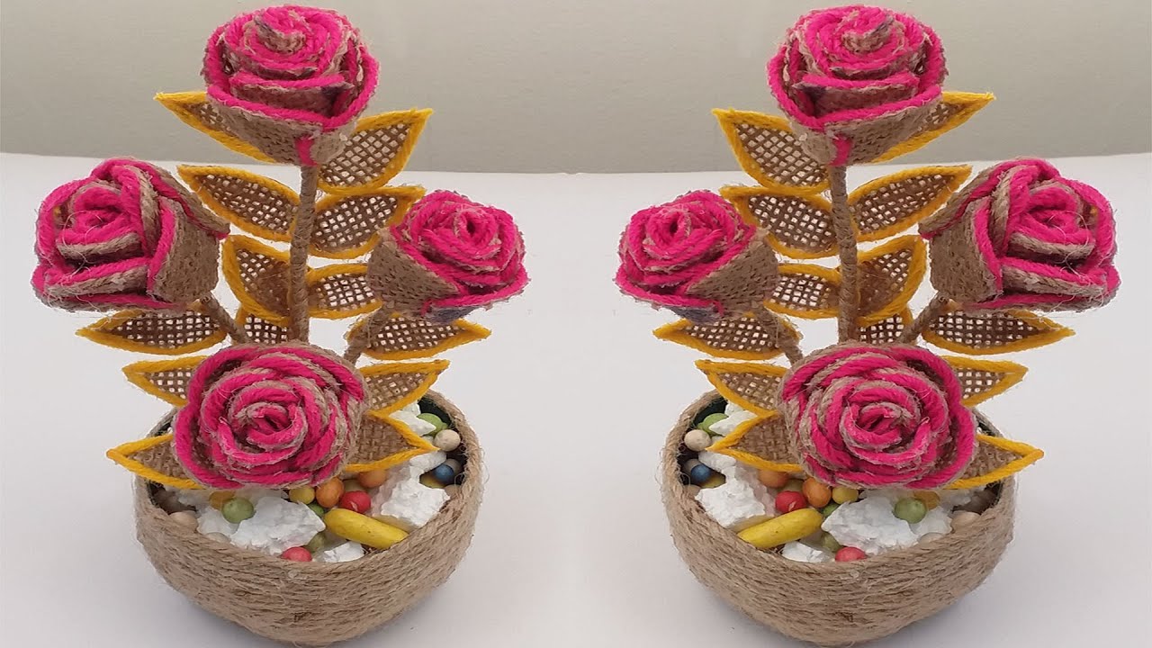 DIY Rose Flower vase Decoration Idea with Jute Rope Home Decor Jute