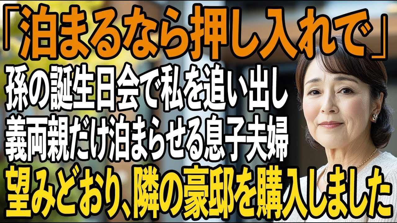 孫の2歳の誕生日、私は朝から手作りケーキと三週間かけて編んだセーターを用意し、息子の家へ向かおうとしていた。ところが電話越しに聞こえたのは「泊まりたいなら押入れで寝てもらうことになるけど」という冷たい言葉。「義両親が泊まるから部屋がない」と、まるで他人事のように言い放った。娘の笑い声が背で響く中、私はただ孫の誕生日を一緒に祝いたかっただけなのに、涙が止まらなかった。だがその日の午後、息子の豪...