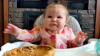 Cute Baby Eats Beef,Eggs, and Toast.