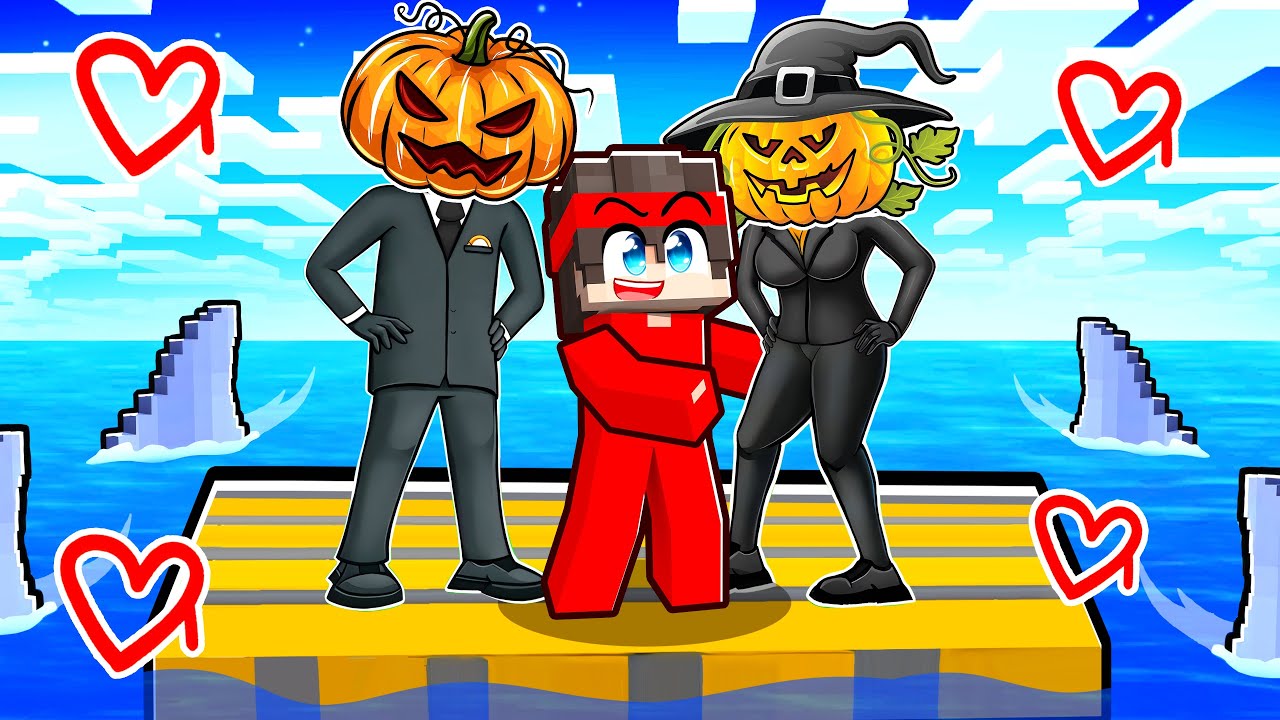 Locked on a ONE RAFT With PUMPKIN FAMILY! (Minecraft)