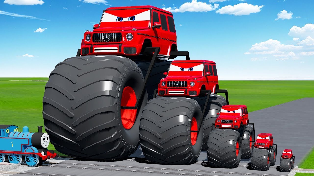 Big & Small Red Vizor Moto with Monster Wheels VS Train | BeamNG.drive