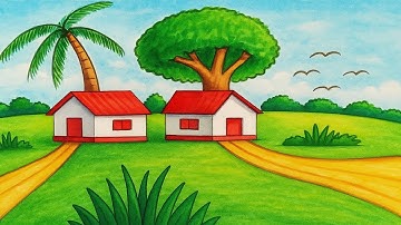 Simple village scenery drawing. Easy pencil sketch for beginners.  #landscapedrawing #drawing #art 