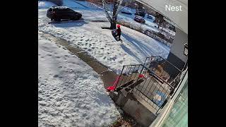 Girl attempts to ride sled in front yard of house then faceplants into snow (Security camera)