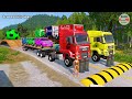 Double flatbed trailer truck cars vs rails tractor vs train cars vs bollards beamng drive 298