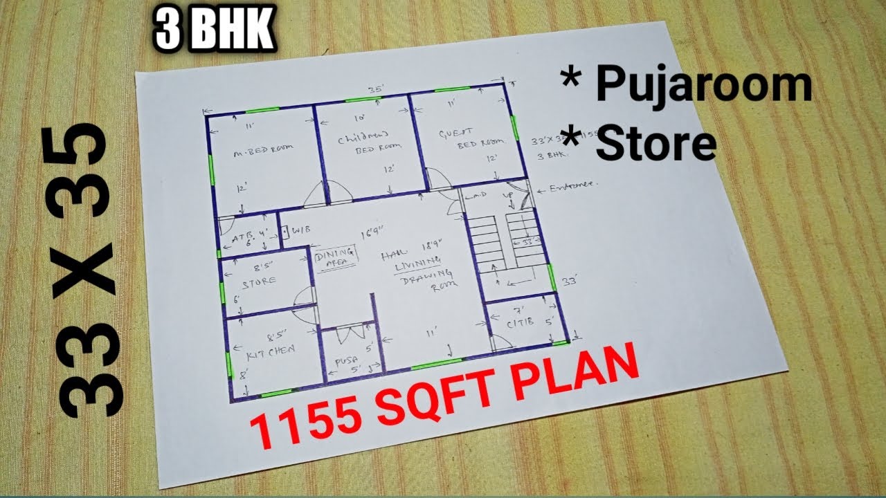 33 x 35 3bhk house plan | 33 x 35 ghar ka naksha | 33 x 35 home design