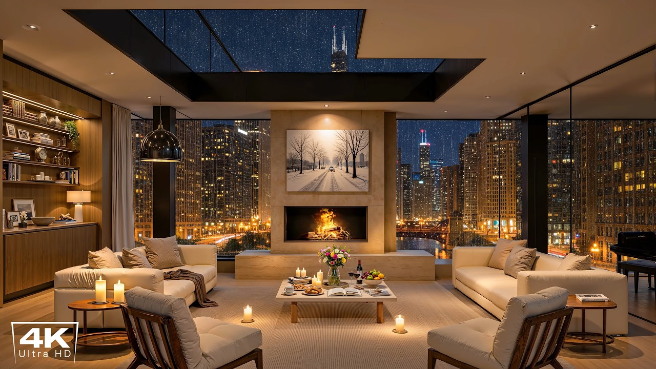 [4K] Luxury Apartment with Soothing Piano Jazz Music, Rain & Fireplace Sounds to Relax, Study, Work