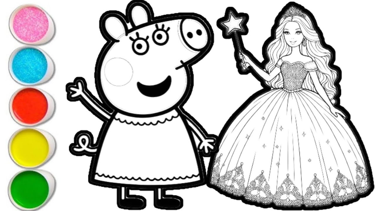 Drawing Princess Papi Peppa pig with princess drawing and coloring for kids and toddlers ...