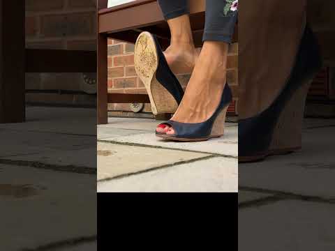 Casual Dangling Shoeplay Red Toes Shoe Foot Fetish in Navy Blue Peep Toe Wedges 2 #shorts #asmr #uk