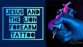 Religious forearm tattoo, Jesus and the lion. Tattoo session video.