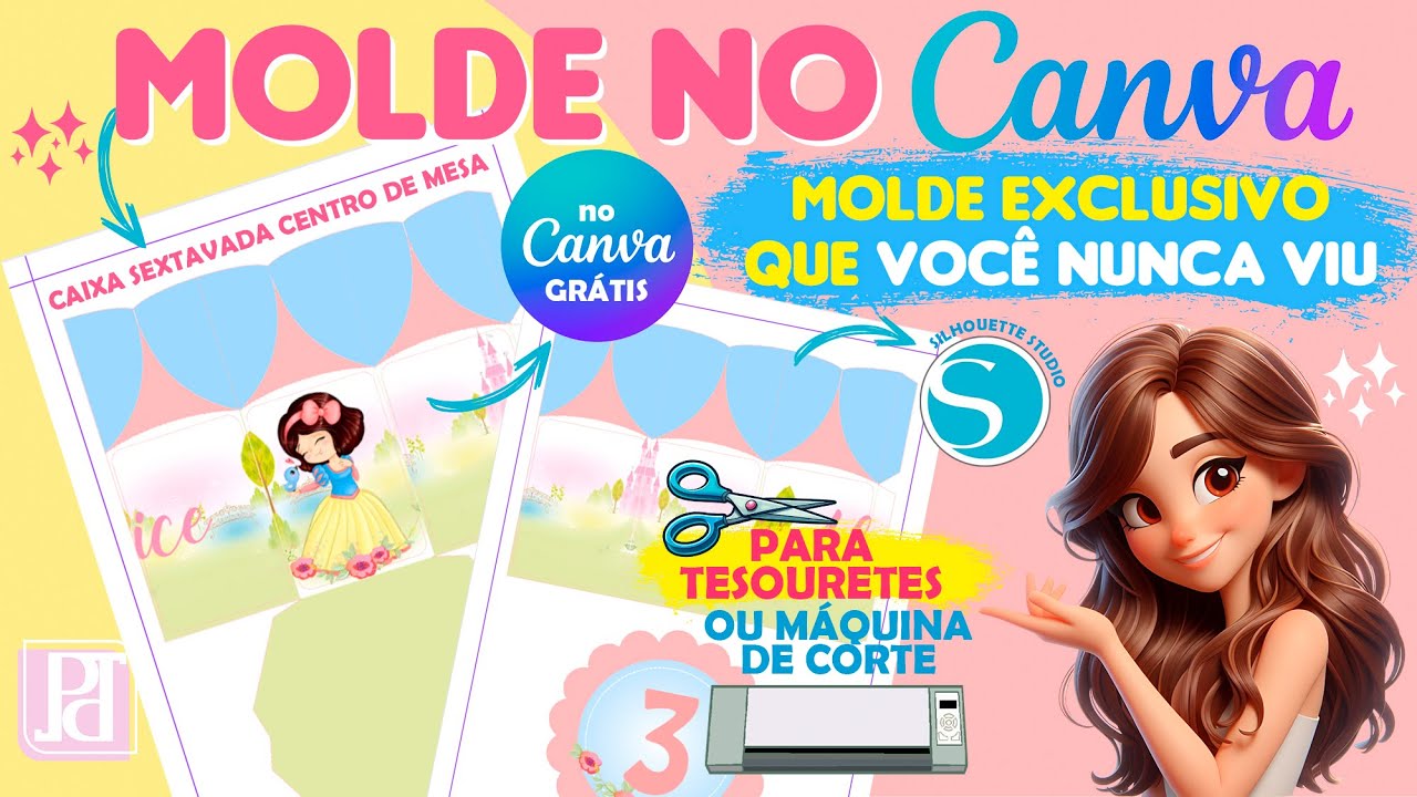 Canva Centro de Mesa Caixa Sextava MOLDE DIFERENCIADO Tesouretes e Silhouette