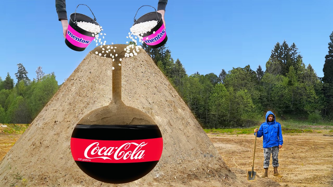 Experiment: Giant Volcano with Coca Cola VS Mentos. Volcanic Eruption!