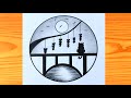 Easy Moonlight Bridge Scenery Drawing / Pencil Sketch for Beginners #Art