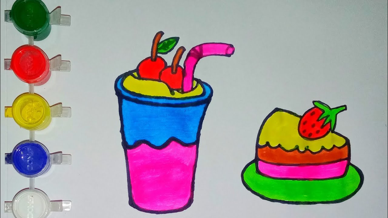Cherry Cake and Fruit Milkshake Easy and Beautiful drawing easy with colours 🍒||