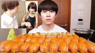 AV出演していた過去を正直に話しながらサーモン寿司をたくさん作って食べる。