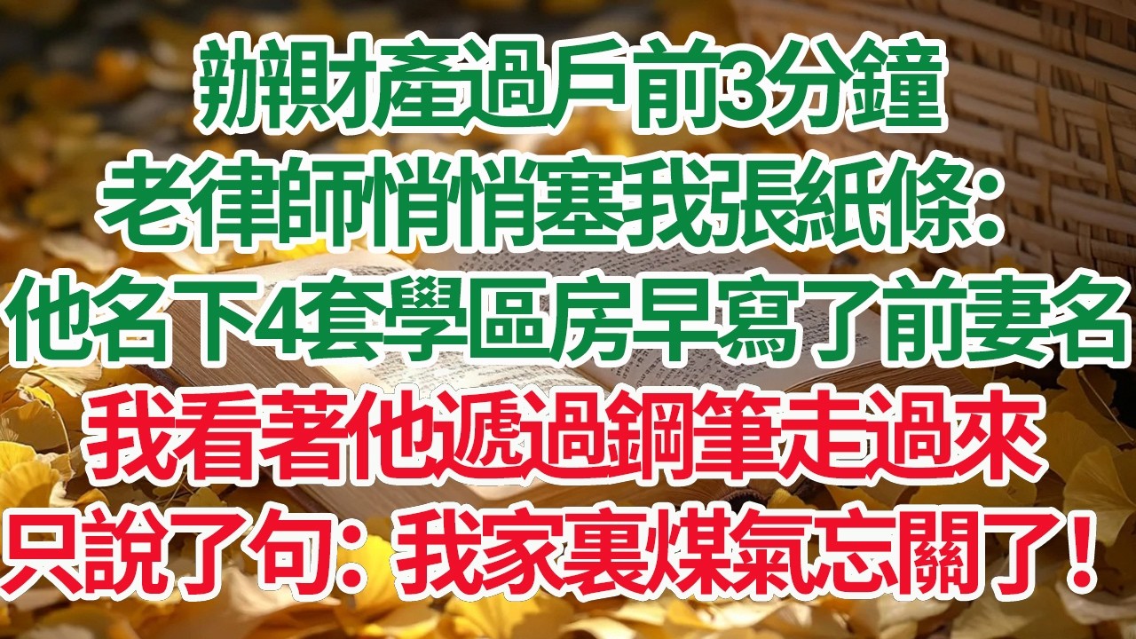 辦財產過戶前3分鐘，老律師悄悄塞我張紙條：他名下4套學區房早寫了前妻名，我看著他遞過鋼筆走過來，只說了句：我家裏煤氣忘關了！#情感故事 #渣男 #離婚 #因果報應