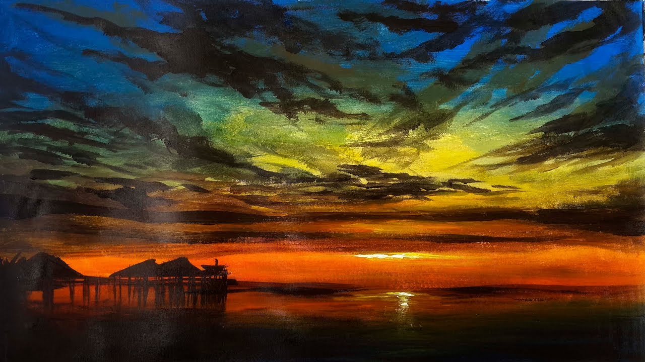 Lukisan Pantai Sunset - Paimin Gambar