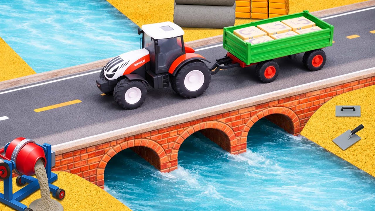 DIY Mini Multi-Arch Brick Bridge with Tractor Trailer Crossing River | Mini Construction Project