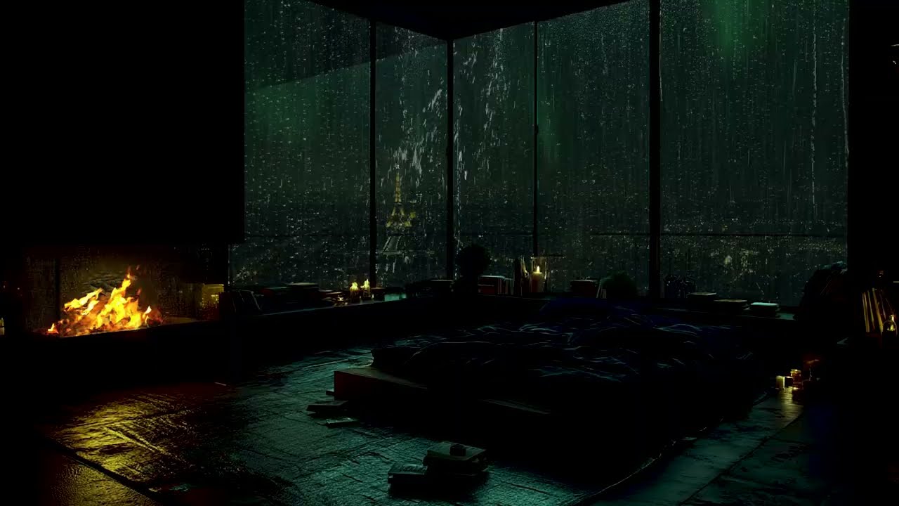 Relaxing Night Heavy Rain, Calm Thunder & Cozy Fire Sounds to Sleep Fast, Heal Mind & Relax (No Ads)