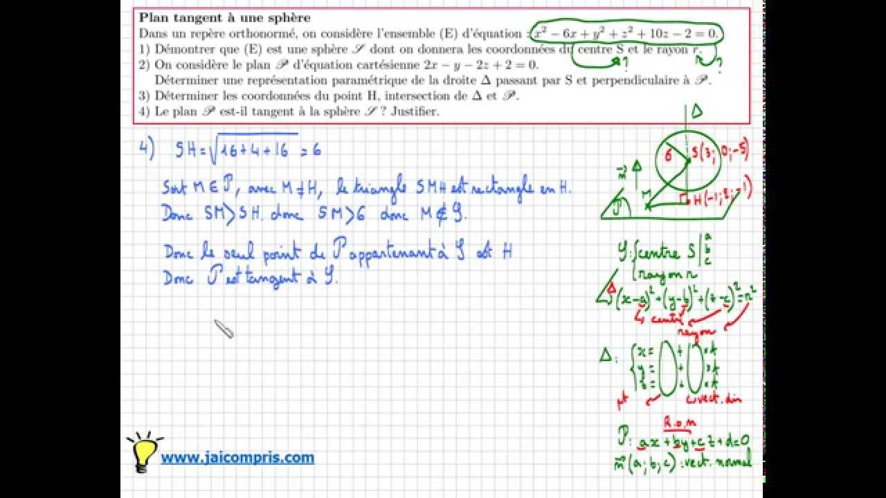 équation de sphère - plan tangent à une sphère - exercice ...