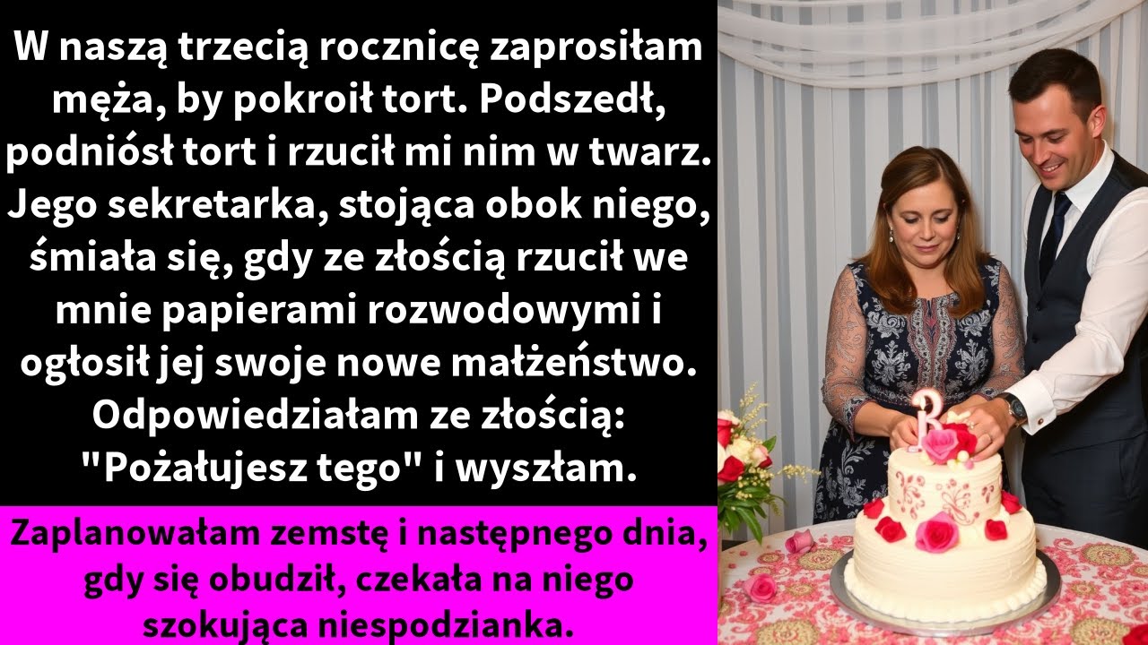 „W trzecią rocznicę ślubu mąż rzucił mi tortem prosto w twarz, rzucił papiery rozwodowe i oznajmił, że żeni się ze swoją sekretarką – która śmiała się, patrząc, jak stoję upokorzona z ciastem na...