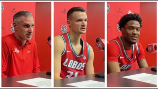 UNM coach Eric Olen and Lobo players Milos Vicentic and Deyton Albury after beating San Jose State