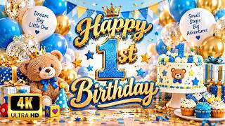 Happy 1st Birthday 🎂👑 Blue & Gold 4K Birthday Background | 1 Hour Loop | Celebration Banners
