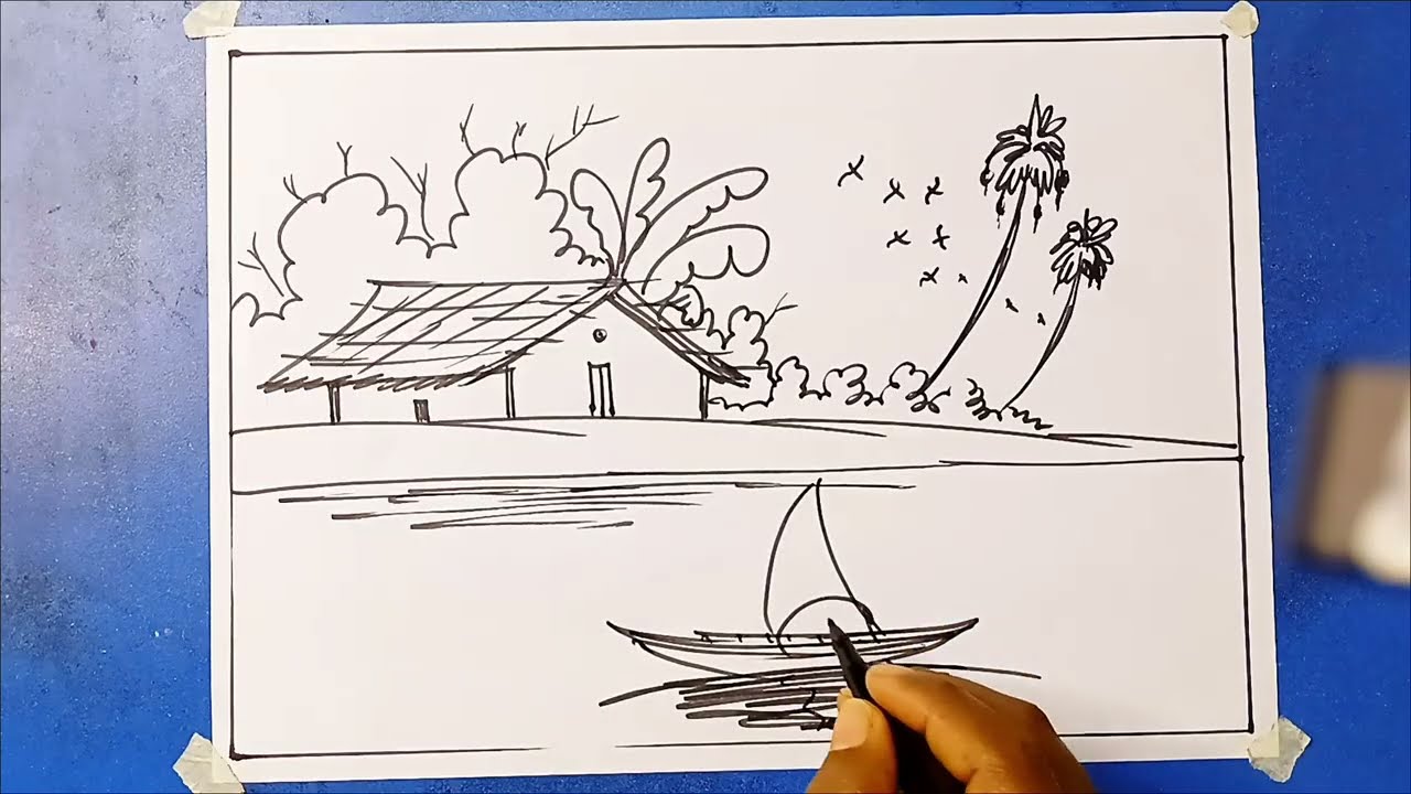 নদীর পাড়ে কুড়ে ঘর আঁকা A hut is painted on the riverbank