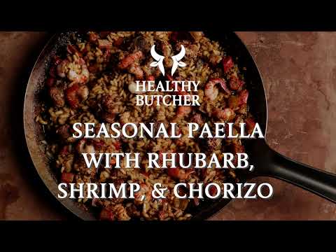 Seasonal Paella with Rhubarb, Shrimp, and Chorizo