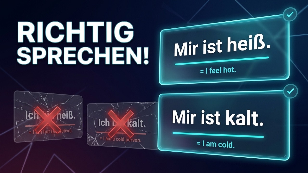 „Ich bin langweilig“ ist grammatisch richtig — aber er bedeutet: du bist ein
langweiliger Mensch. Was du eigentlich sagen wolltest: „Mir ist langweilig.“

In diesem Video lernst du drei Muster, mit denen du fast jedes Gefühl auf
Deutsch beschreiben kannst:

✅ Ich bin + Adjektiv — wer du bist
✅ Mir ist + Adjektiv — wie es dir gerade geht (Dativ)
✅ Ich fühle mich + Adjektiv — wie du dich gerade fühlst (Reflexiv)

Außerdem: die Intensitäts-Leiter (zufrieden → froh → glücklich), vier
Alltagsfallen (freuen auf/über, Angst haben, Wie geht's?) und ein Dialog
zwischen Leo und Lena.

00:00 Die Falle: „Ich bin langweilig“
00:25 Das lernst du heute
00:45 Muster 1: Ich bin
01:17 Muster 2: Mir ist
01:54 Vorsicht: Ich bin heiß / Mir ist heiß
02:33 Muster 3: Ich fühle mich
02:59 Intensitäts-Leiter: Freude & Ärger
03:39 Intensitäts-Leiter: Trauer
04:06 Vier Alltagsfallen
04:53 Wie geht es dir? Vier Antworten
05:24 Dialog: Leo & Lena
05:55 Mini-Quiz
06:48 Zusammenfassung

Teil 1 dieser Serie: trennbare ab-Verben. Teil 2: weil / deshalb / denn.
Teil 4 kommt bald: obwohl / trotzdem / wenn.

Schreib in die Kommentare: Wie fühlst du dich heute? 👇

#DeutschLernen #DeutschA2 #GefühleAufDeutsch #LingoBoss