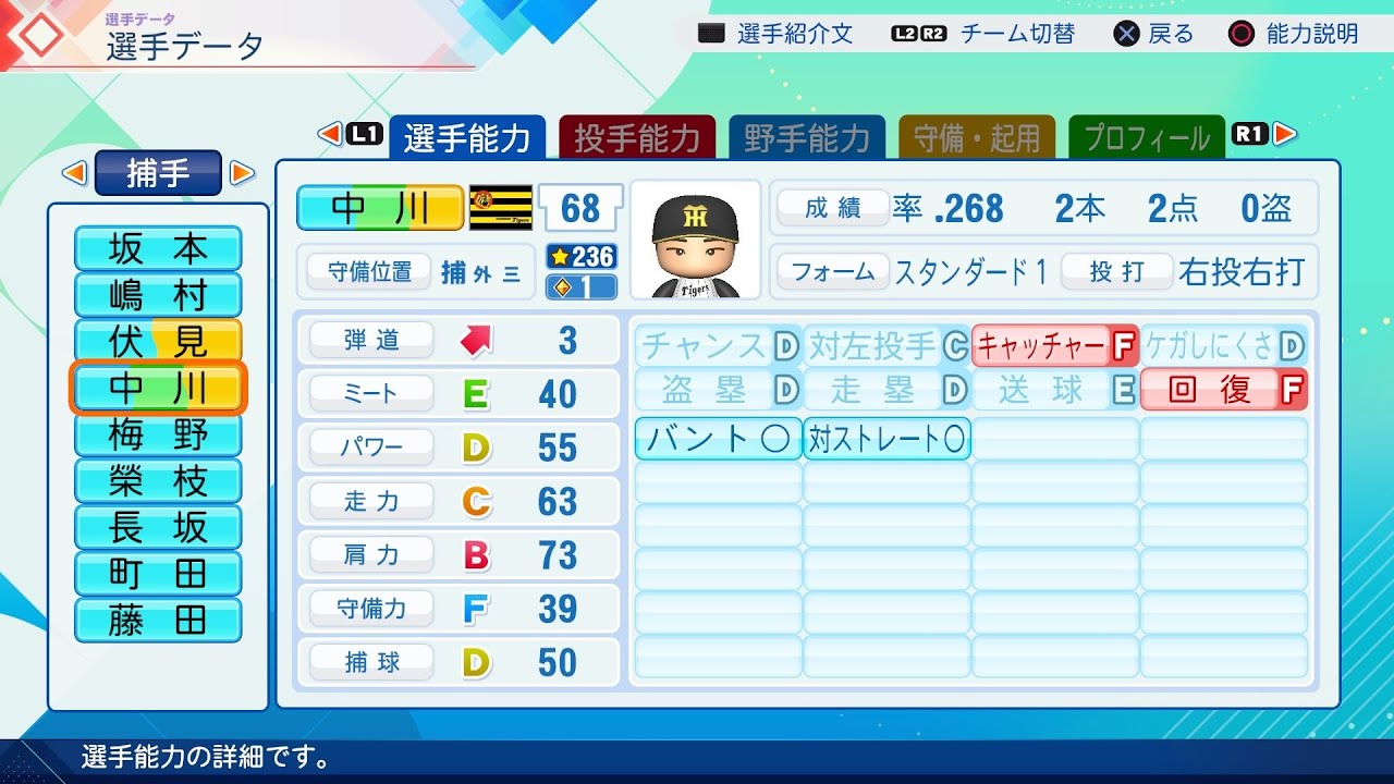 パワプロ2026選手名鑑/NPB26Stats】阪神 68 中川勇斗選手 Tigers